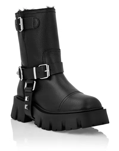 Philipp Plein Leather Biker Boots Studs In Black