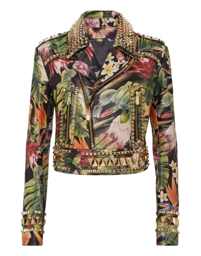 Philipp Plein Leather Biker Cropped Flowers In Multi