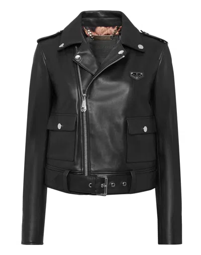 Philipp Plein Leather Biker Iconic Plein In Black