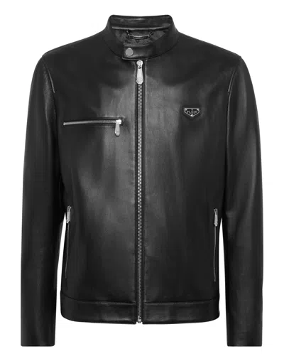 Philipp Plein Leather Biker Jacket In Black