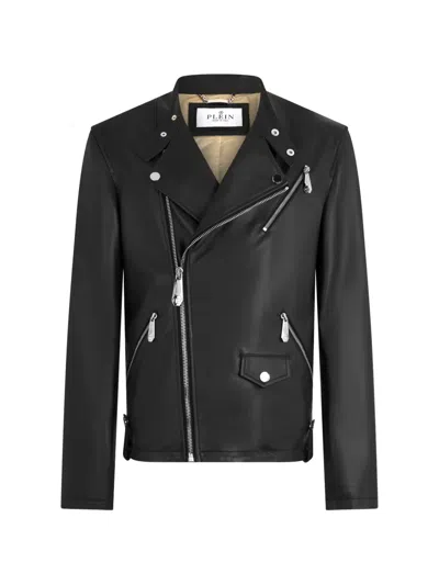 Philipp Plein Leather Biker Jacket In Black