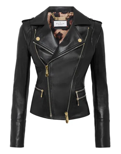Philipp Plein Leather Biker Jacket In Black