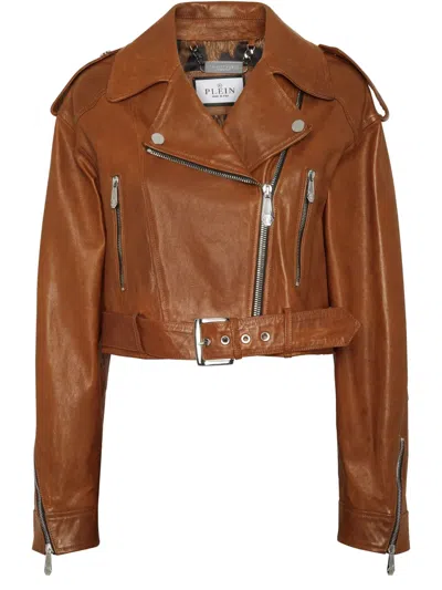 Philipp Plein Leather Biker Jacket In Brown