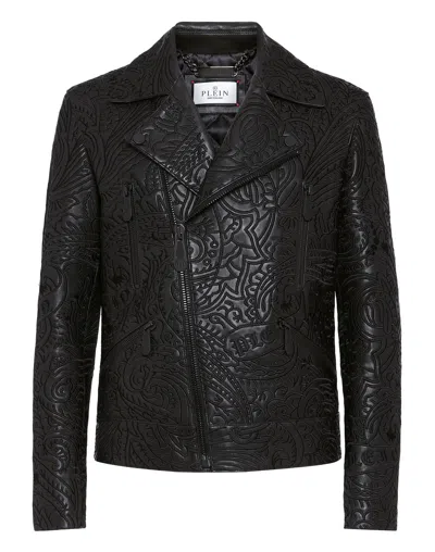 Philipp Plein Leather Biker Jacket Paisley In Black