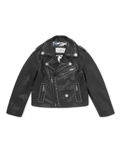 Philipp Plein Kids'  Leather Biker Jacket Smile Girl In Black