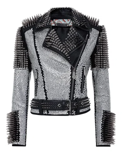 Philipp Plein Leather Biker Jacket Studs In Black