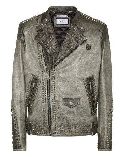 Philipp Plein Leather Biker Jacket With Patch Studs