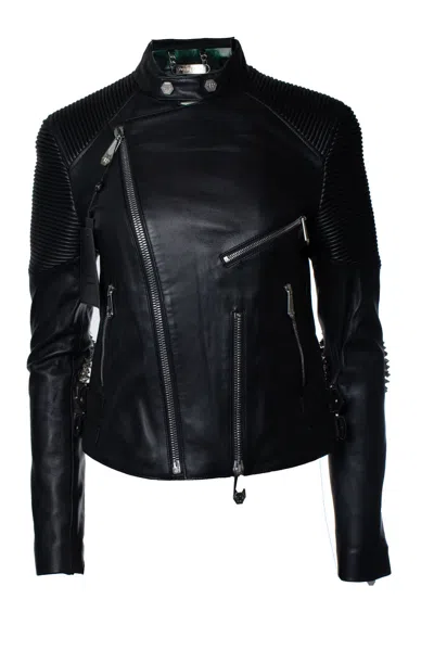 Philipp Plein , Leather Biker Jacket With Studs In Black