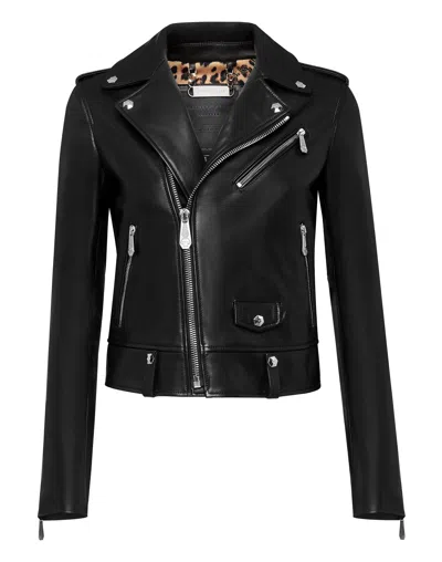 Philipp Plein Leather Biker Look At Me Flame In Black