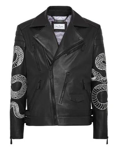 Philipp Plein Leather Biker Snake In Black