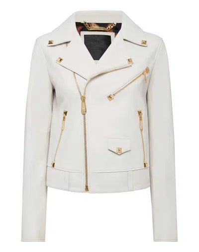 Philipp Plein Leather Biker Studs In White