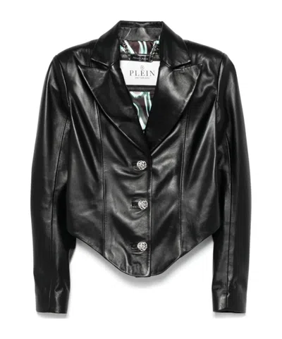 Philipp Plein Flamelong Sleeve Vintage Leather Blazer In Black  
