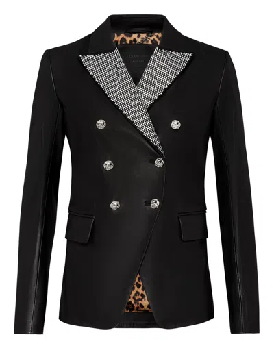 Philipp Plein Leather Blazer Crystal In Black