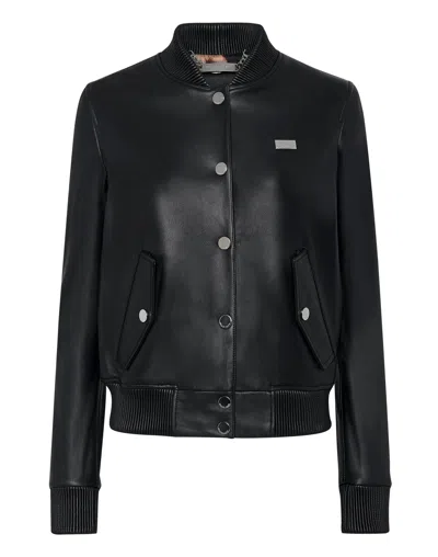 Philipp Plein Leather Bomber In Black