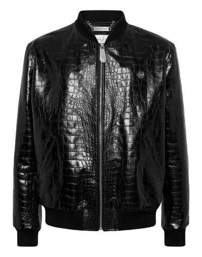 Philipp Plein Crocodile-effect Leather Bomber Jacket In Black
