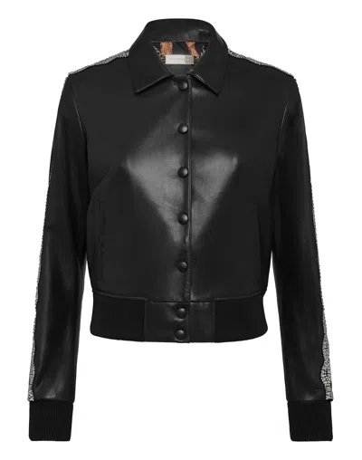 Philipp Plein Leather Bomber Crystal Cable In Black