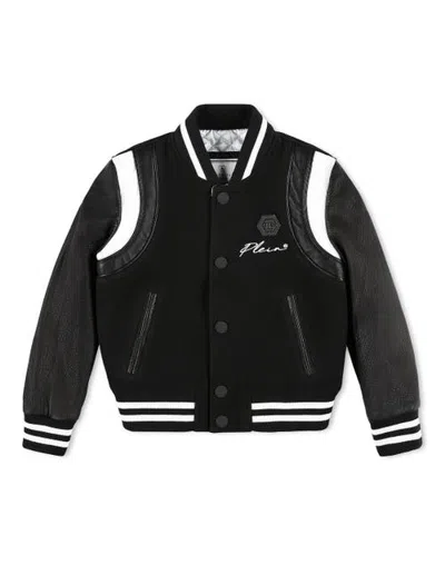 Philipp Plein Kids'  Leather Bomber Iconic Plein Boy In Black/white