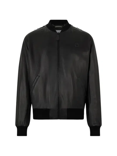 Philipp Plein Billy Bomber Jacket Ribbed Collar Cuffs Hem Pockets In Brown