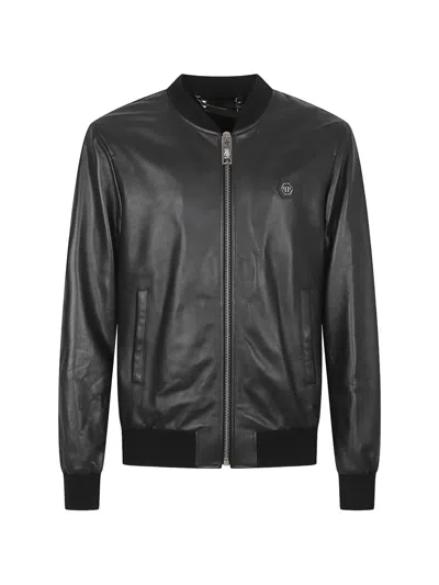 Philipp Plein Leather Bomber Jacket In Black