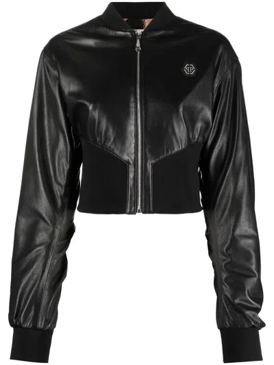 Philipp Plein Leather Bomber Jacket In Black