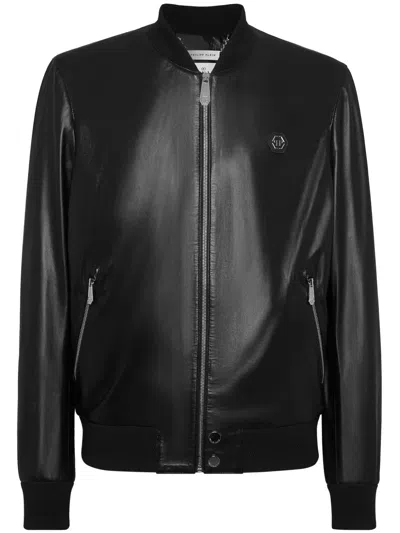 Philipp Plein Billy Leather Bomber Jacket In Black