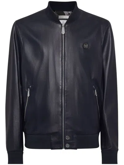 Philipp Plein Leather Bomber Jacket In Blue