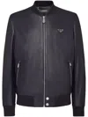 Philipp Plein Leather Bomber Jacket In Blue