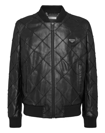 Philipp Plein Quilted Leather Bomber Jacket In Black