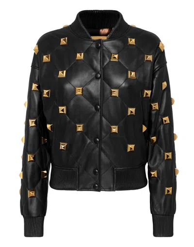 Philipp Plein Leather Bomber Matelassè Studs In Black