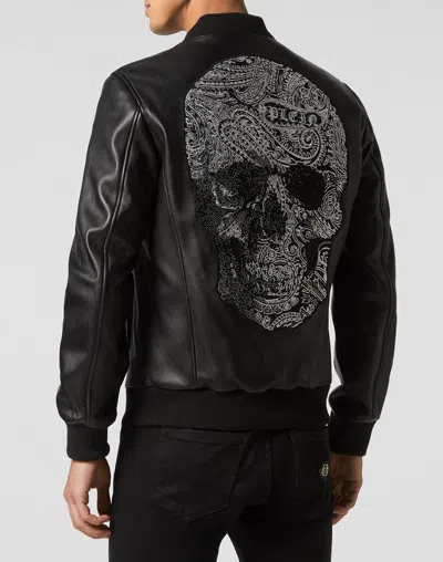 Philipp Plein Leather Bomber Paisley Stones In Black