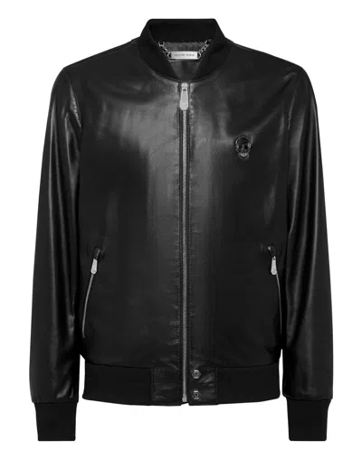 Philipp Plein Skull Leather Bomber Jacket In Black