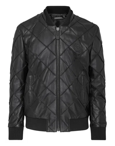 Philipp Plein Leather Bomber Statement In Black