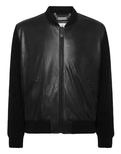 Philipp Plein Leather Bomber With Knitted Sleeves In Black