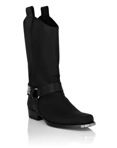 Philipp Plein Leather Boots Flat High Gothic Plein In Black