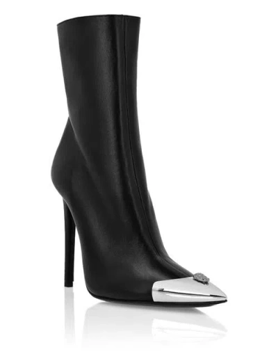 Philipp Plein Leather Boots High Heels Mid Skull Strass Women In Black