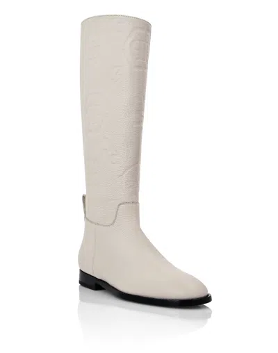 Philipp Plein Leather Boots Lo-heels Mid Monogram In Beige