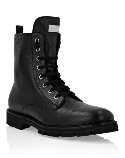 Philipp Plein Leather Boots Low Flat Stars Studs In Black