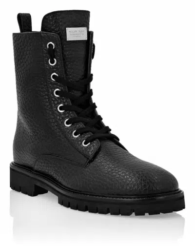 Philipp Plein Leather Boots Low Flat Stars Studs Women In Black