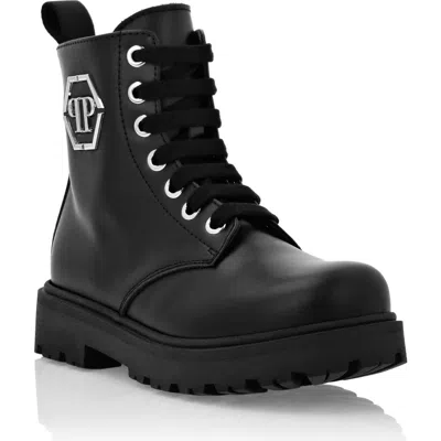 Philipp Plein Kids'  Leather Boots Low Lace Up Hexagon Boy In Black