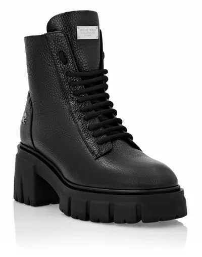 Philipp Plein Shearling Lined Lace-up Leather Ankle Boots In Black