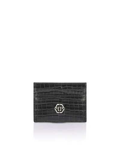 Philipp Plein Calfskin Card Holder With Crocodile Print And Hexagon Logo In Black