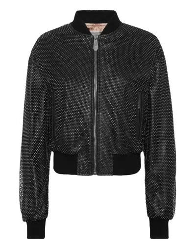 Philipp Plein Leather Crop Bomber Crystal
