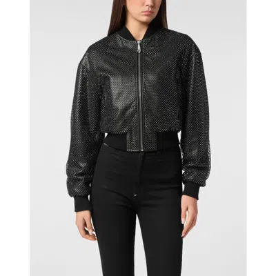 Philipp Plein Leather Crop Bomber Crystal Women In Black