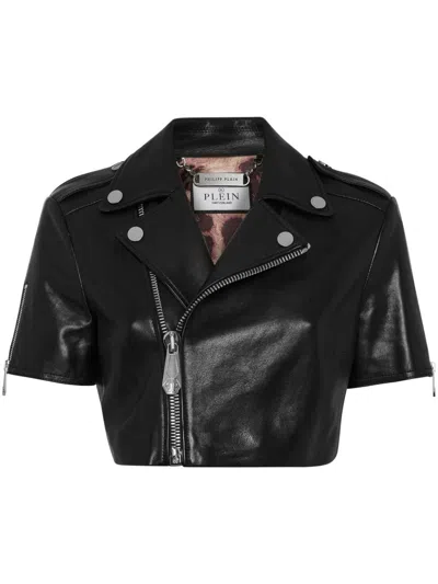 PHILIPP PLEIN LEATHER CROPPED BIKER JACKET