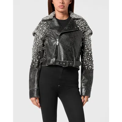 Philipp Plein Leather Cropped Biker Jacket Ls Strass Women In Black