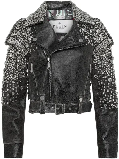 Philipp Plein Leather Cropped Jacket In Black