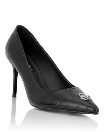 Philipp Plein Leather Decollete Pump H85 Cocco Print Hexagon Women In Black