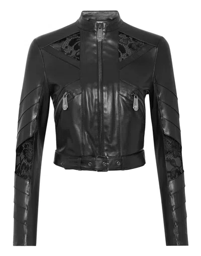 Philipp Plein Leather Fitted Biker Lace In Black