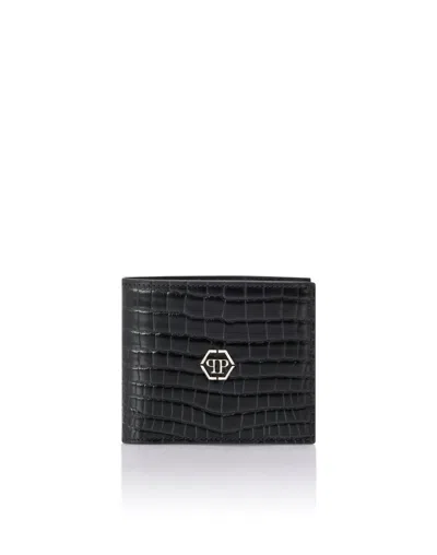 Philipp Plein Leather French Wallet Cocco In Black