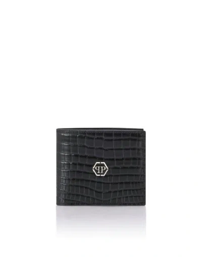 Philipp Plein Leather French Wallet Cocco Men In Black